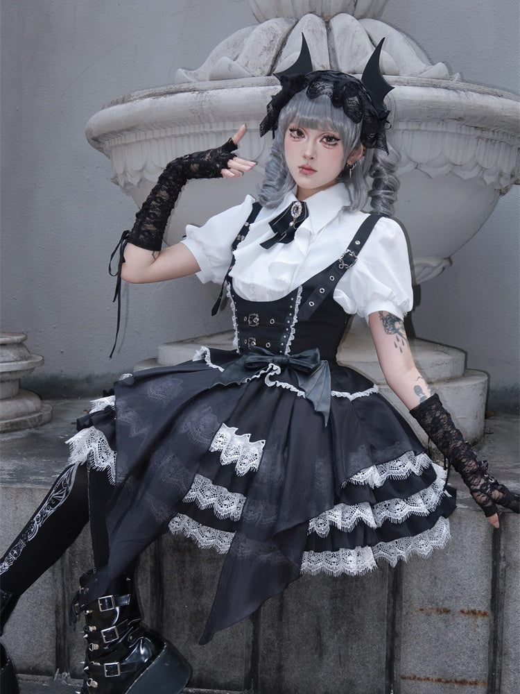 Tiered Devil Overalls Wing Skirt Black Buckle Straps Gothic Lolita Dress Accent