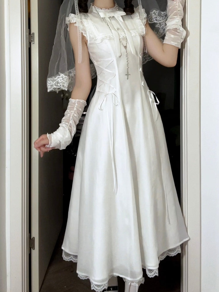 Pure Flutter Waist White Lace-Up Dress:Long Versionwith Sleeve Aesthetic