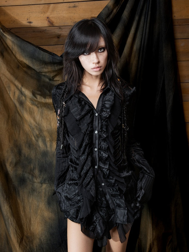 Design Lace Punk Lace-up Gothic Shirt Black Trim with Ruffled Back