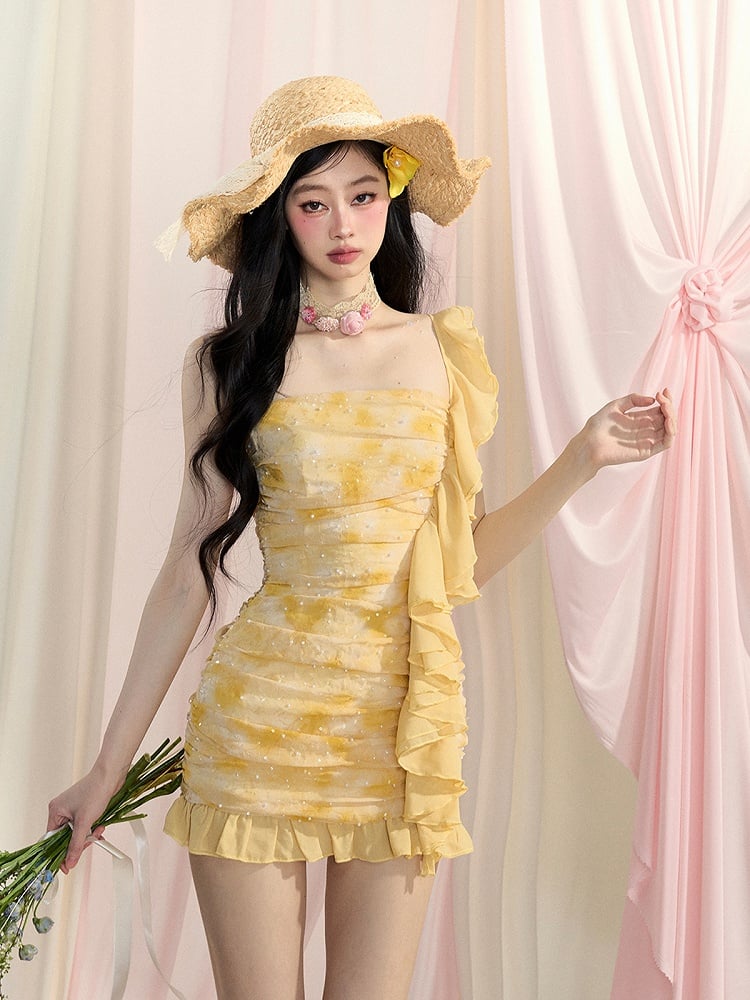 Yellow Sequins Mini Cascading Bodycon Ruffle Trim Ruched Design Glamorous Dress