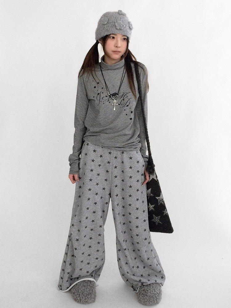 Pants Grey Floor-Length Print Star - Wide-leg