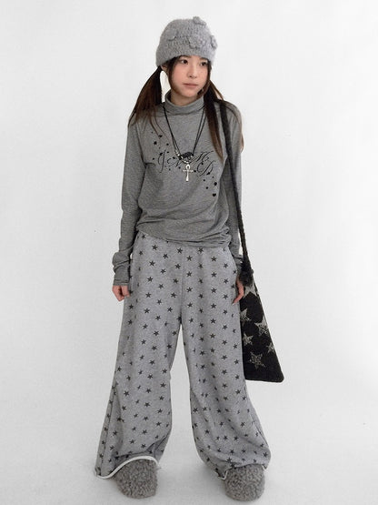 Pants Grey Floor-Length Print Star - Wide-leg