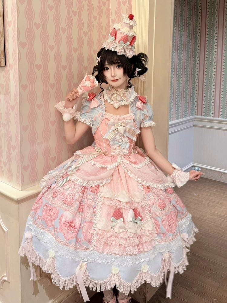 Blue & Pink Strawberry Cake Print Bell Sleeve Lolita Dress - Ball Lolita