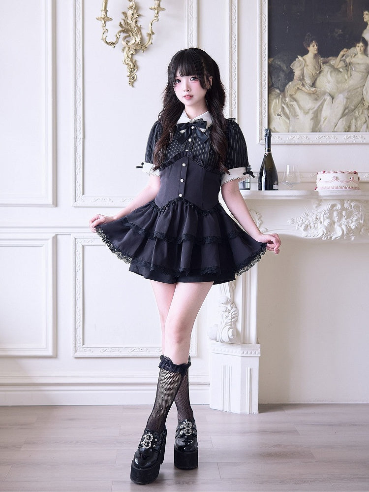 Shorts, Faux-Zweiteiler und Kleid, mehrlagiger Kei-Rock, Spitze, schwarzer Jirai-Streifen-Set – Besatz