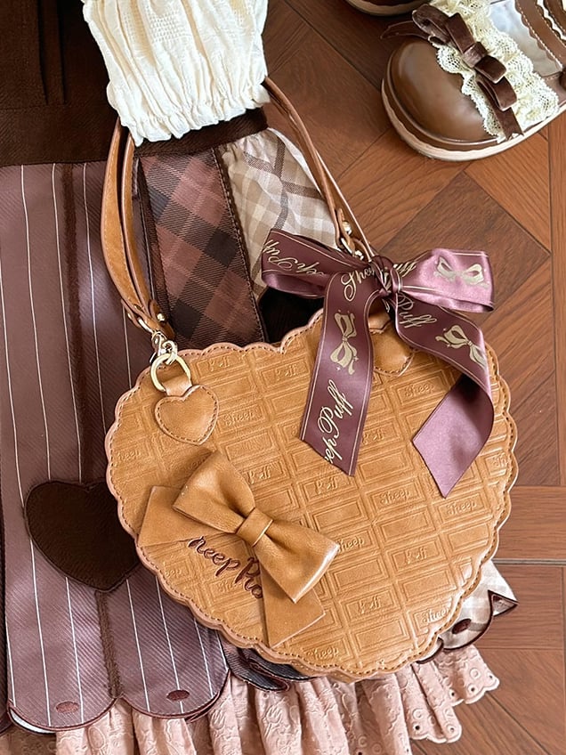 Design Texture Brown Chocolate Light Bow Decorative PU Bag Lolita Sweet Heart Hand/Shoulder/Crossbody with
