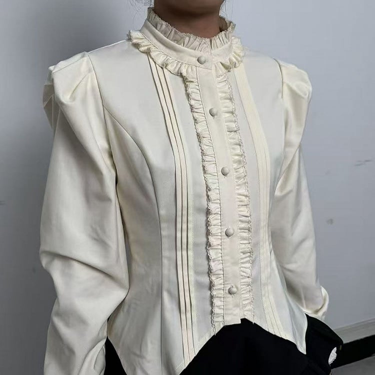 Lolita Apricot Sleeves Ruffle Back Long Lacing Blouse with Neckline