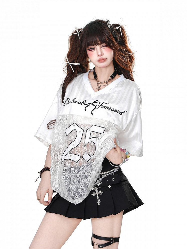 Black/White V-Neck Number Print Contrast Lace Patches Loose T-shirt