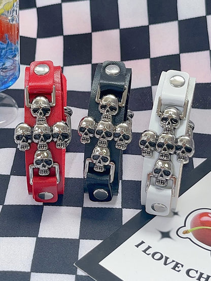 Y2K Black/White/Red Cross Punk Skull Bracelet PU Metal