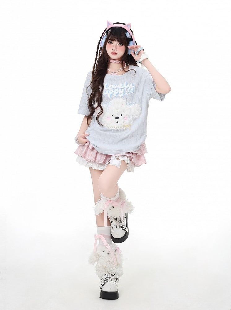 Loose Adorable Plush Puppy Black/Light Blue T-Shirt Round Neck