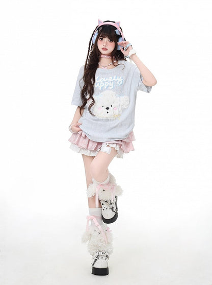 Loose Adorable Plush Puppy Black/Light Blue T-Shirt Round Neck