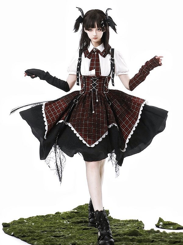with Star Lolita Punk Black Accents Overall Dress Trim and Plaid Lace Red