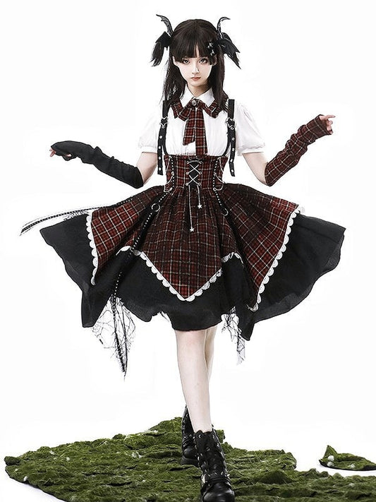 with Star Lolita Punk Black Accents Overall Dress Trim and Plaid Lace Red