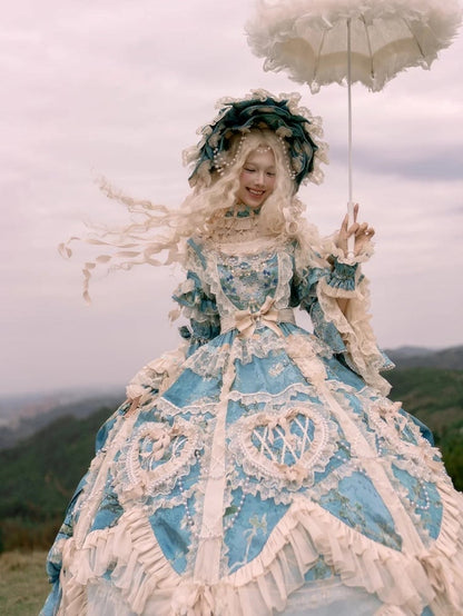 with Sleeves Sweetheart and Ruffle Layers Bell Applique Gorgeous Blue Gown Hime Lolita Beaded Lace