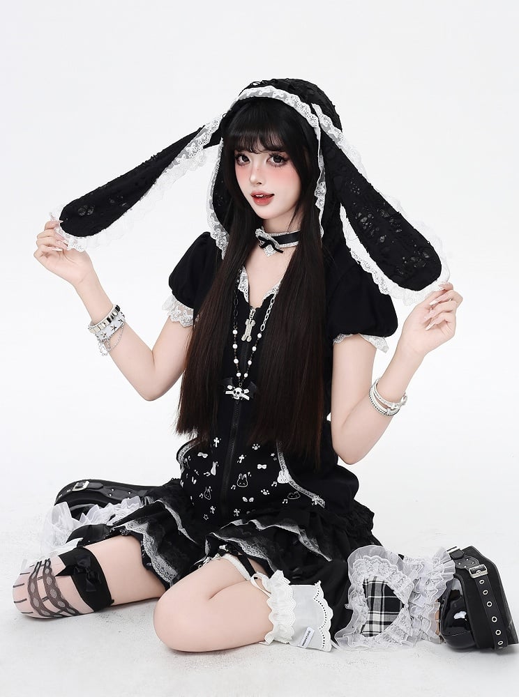 Jirai Trim Bunny Ears Design Hood Lace Kei Black/White