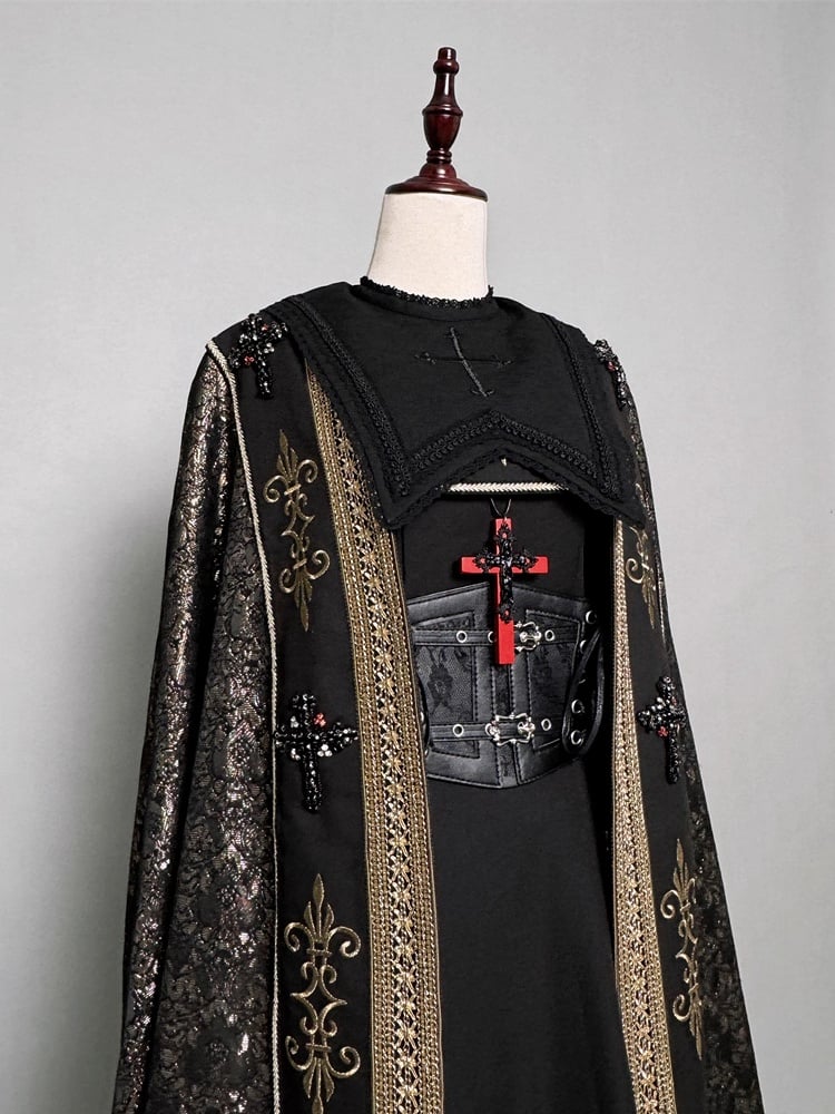 Cloak Gold Details and Cross Nun Lolita Decorated Embroidery Black