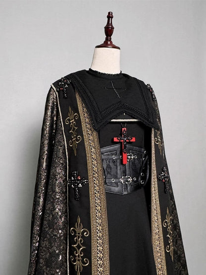 Cloak Gold Details and Cross Nun Lolita Decorated Embroidery Black