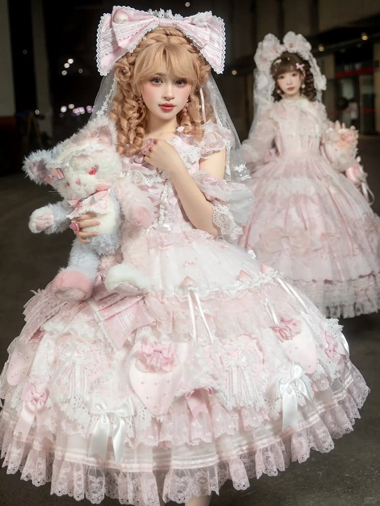 Layered with Lolita Bow Accents Sweet Dress and Ruffles Pink Lace