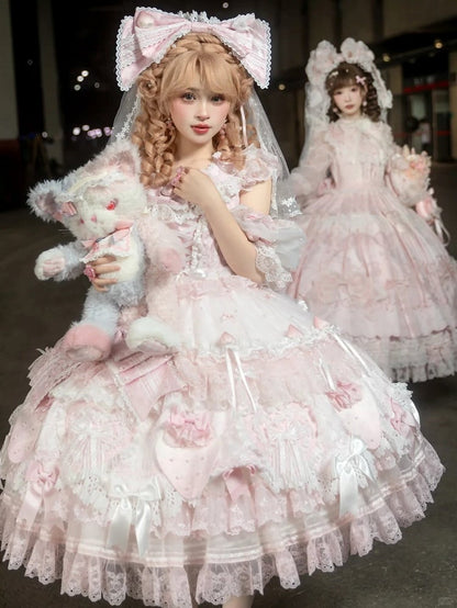 Layered with Lolita Bow Accents Sweet Dress and Ruffles Pink Lace