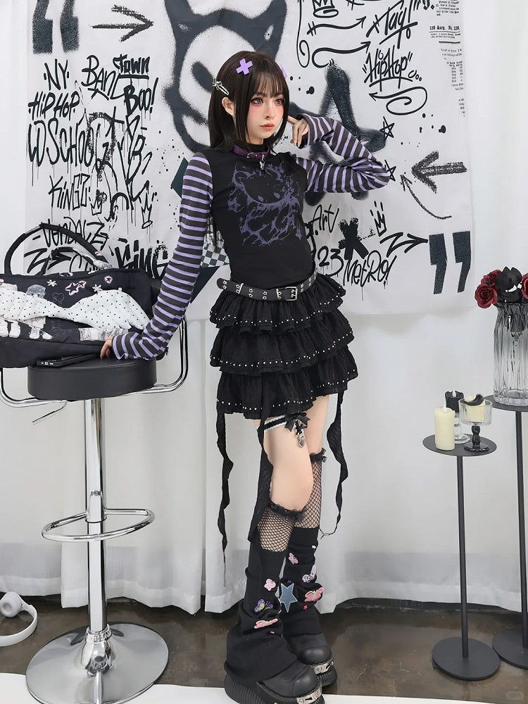 詳細 ティアードスカート ブラック カスケードフリル スタッド バレエコア