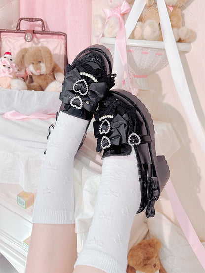 Jirai Kei Pearl Heart Bowknot Lace Ruffle Sneakers - Transfer Student