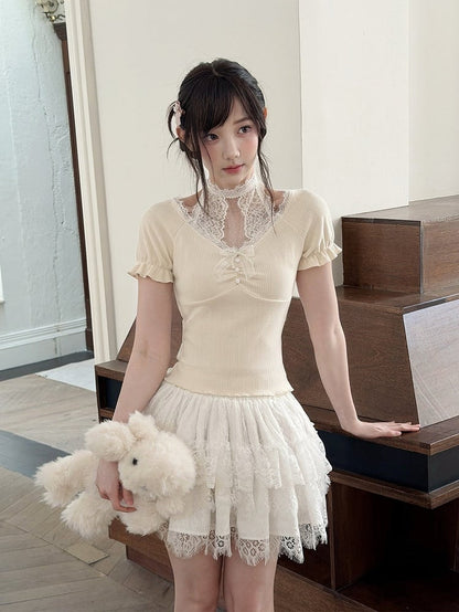 Fashion Skirt White Multi-Layer Lace Trim Seiso-Kei