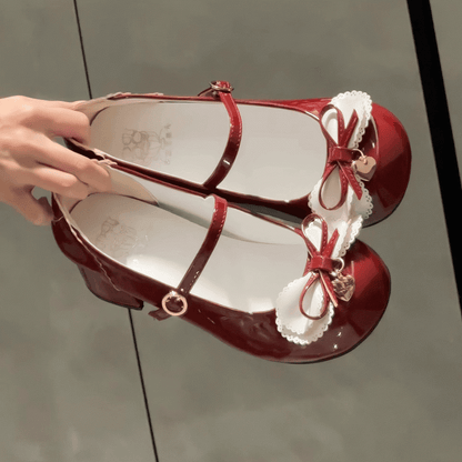 PU Bow Sweet 5cm Janes Golden Heart Heeled - Charm Accents Mary Red