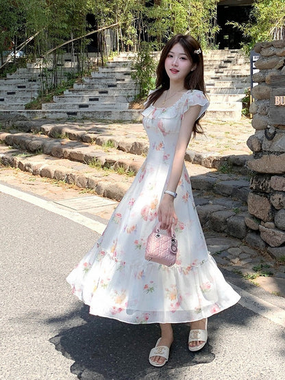 Apricot Summer Vacation Dress with Floral Pattern - Qchiwawameme
