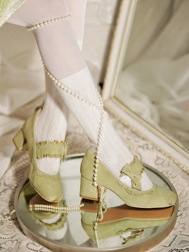 Lace High with Bow Green Block Heels Scalloped Sweet Fit - Slip-In Design Hem Accents Lolita