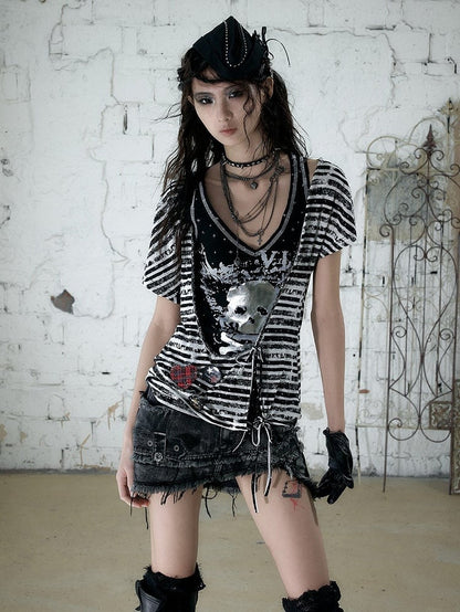 Black White Street Punk Two-Piece Set with Asymmetric Top and Skull Tank - NO ROMANCE