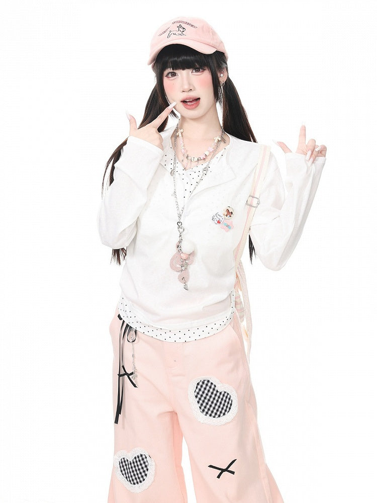 Fake Two-Piece White Polka Dot Long Sleeve Top with Badge Accents - Languid Park