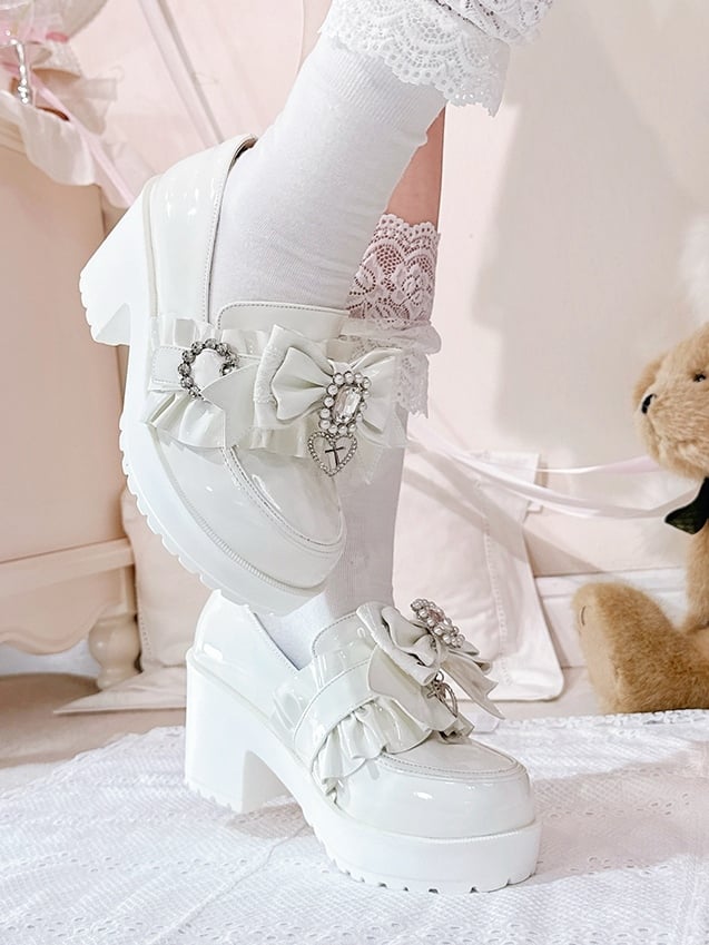 Jirai PU Kei White Bow Bead High Leather Rhinestone Polished Heels with 7.5cm