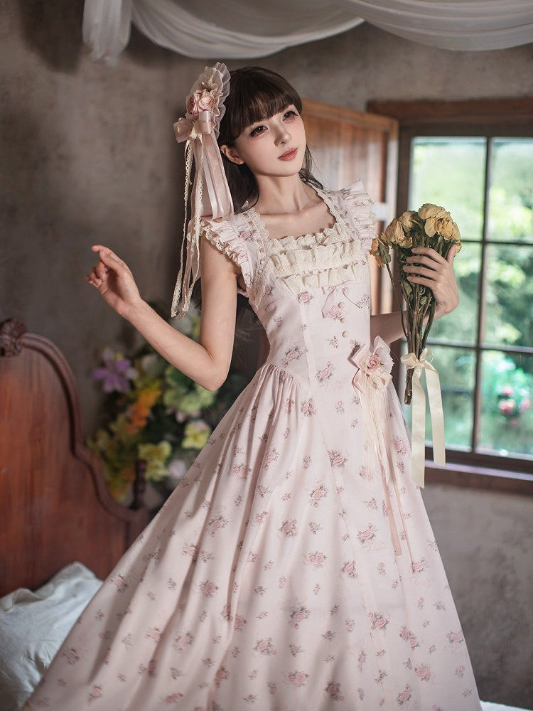 Graceful Pink Floral Lace JSK Dress with Brooch Set