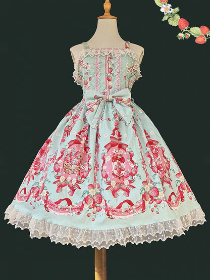 Dress Hem Lace and Blue Lolita Pink Print Details Strawberry Bow with Sweet