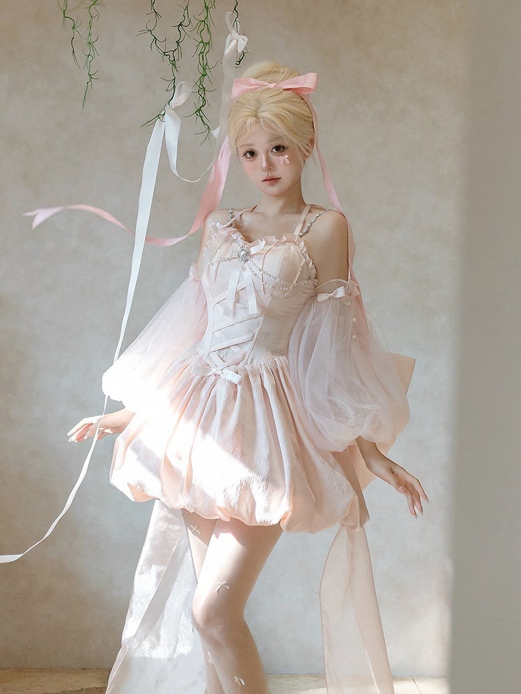 Princess Pink Bow Jacquard Ballet Train Dress + Big Sleeves Lolita Tulle Puff