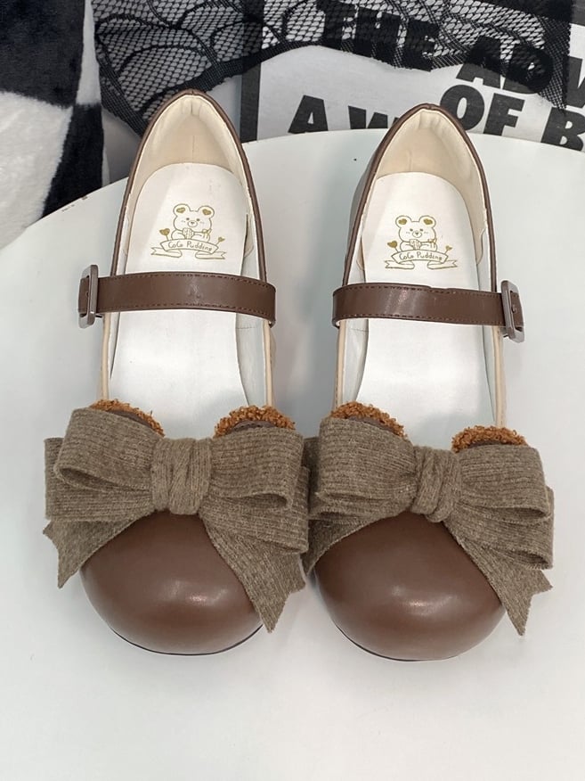 Chocolate Regular/Thicken Scalloped with Version - Sweet Bear-themed Lolita Trim Low/Mid Bow Removable Ornate Heels