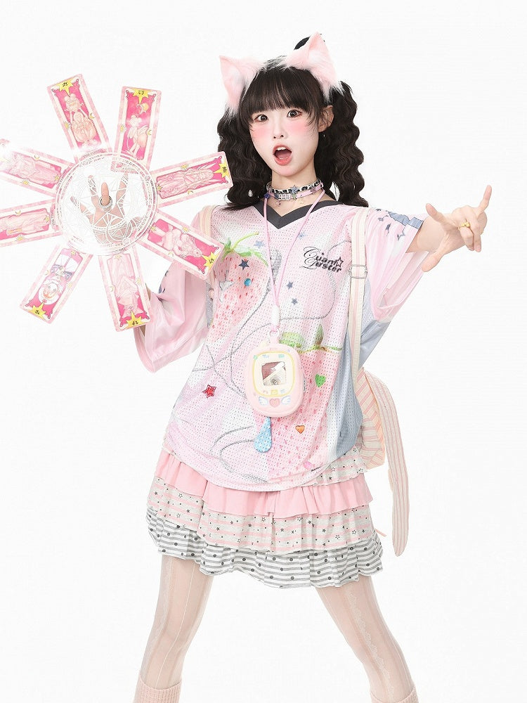 Pink Strawberry Print V-Neck Short Sleeve Jersey Tee