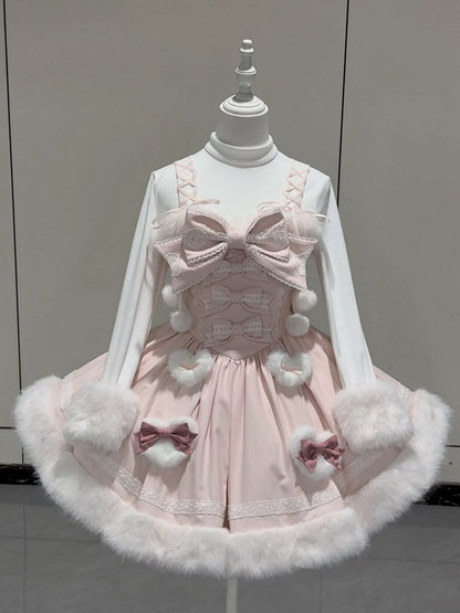 with Lolita Accents Plush Green Mint Pink Winter Bow / Sweet JSK Dress and Hemline