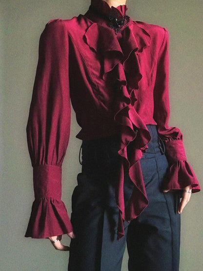 Poet Accents Lolita Vintage Sleeves Unisex Cascading Ouji with Ruffle Shirt Red