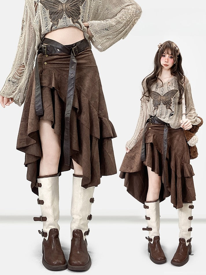 コーヒーヘムウェイストランドアシンメトリースカートブラウンパンク