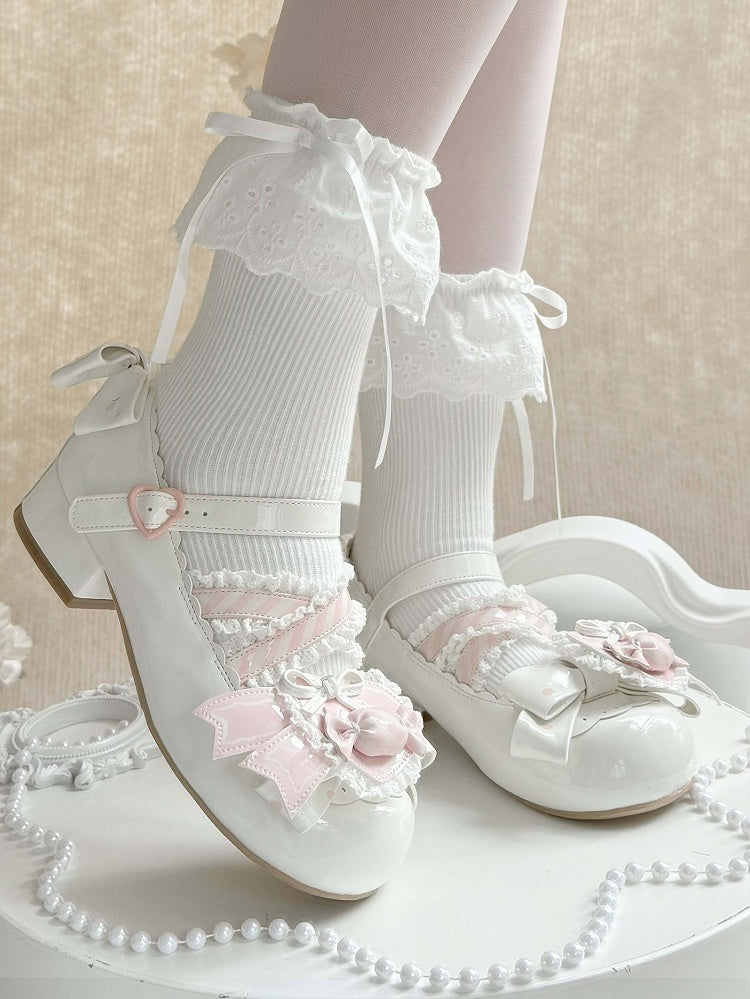 Lolita - Straps Heart Top Trim White Bow Ruffles Decor Candy Crisscross with Mary Sweet Pink Janes Shoe Clip