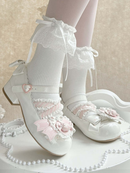 Lolita - Straps Heart Top Trim White Bow Ruffles Decor Candy Crisscross with Mary Sweet Pink Janes Shoe Clip
