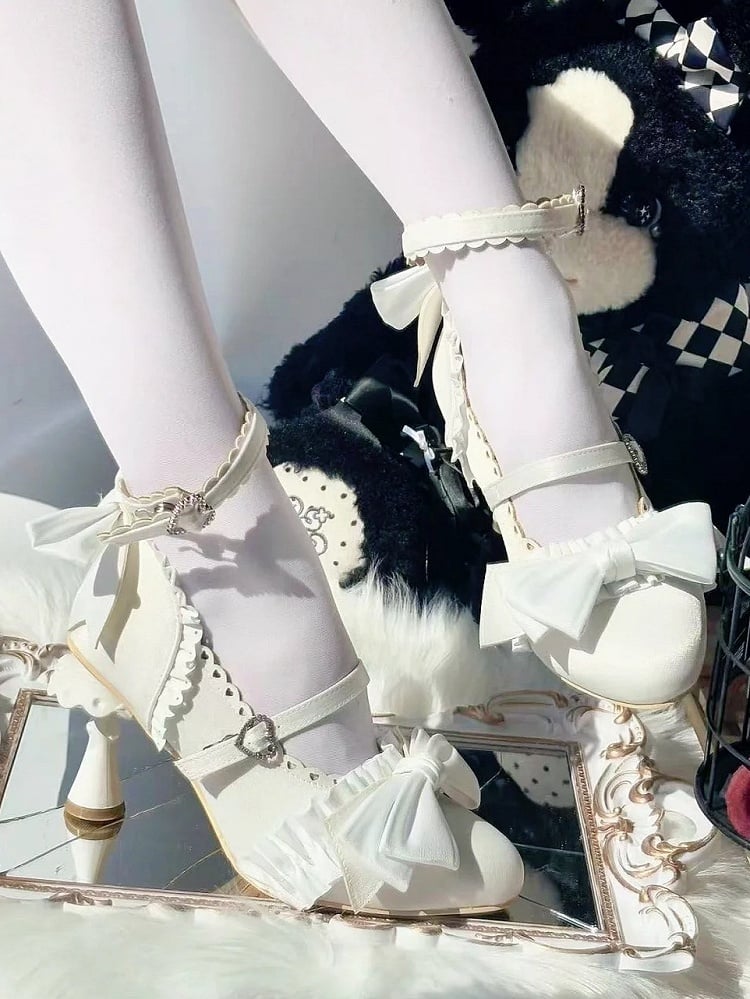 Sophisticated Pumps Bow - Heel with White Details Accents Design Lolita Shaped Ruffle Uniquely