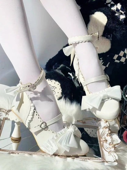 Sophisticated Pumps Bow - Heel with White Details Accents Design Lolita Shaped Ruffle Uniquely