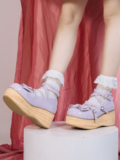 Lolita Design Sweet Purple Platforms Crisscross Round Toe Heels Accents Middle PU - Bow Light