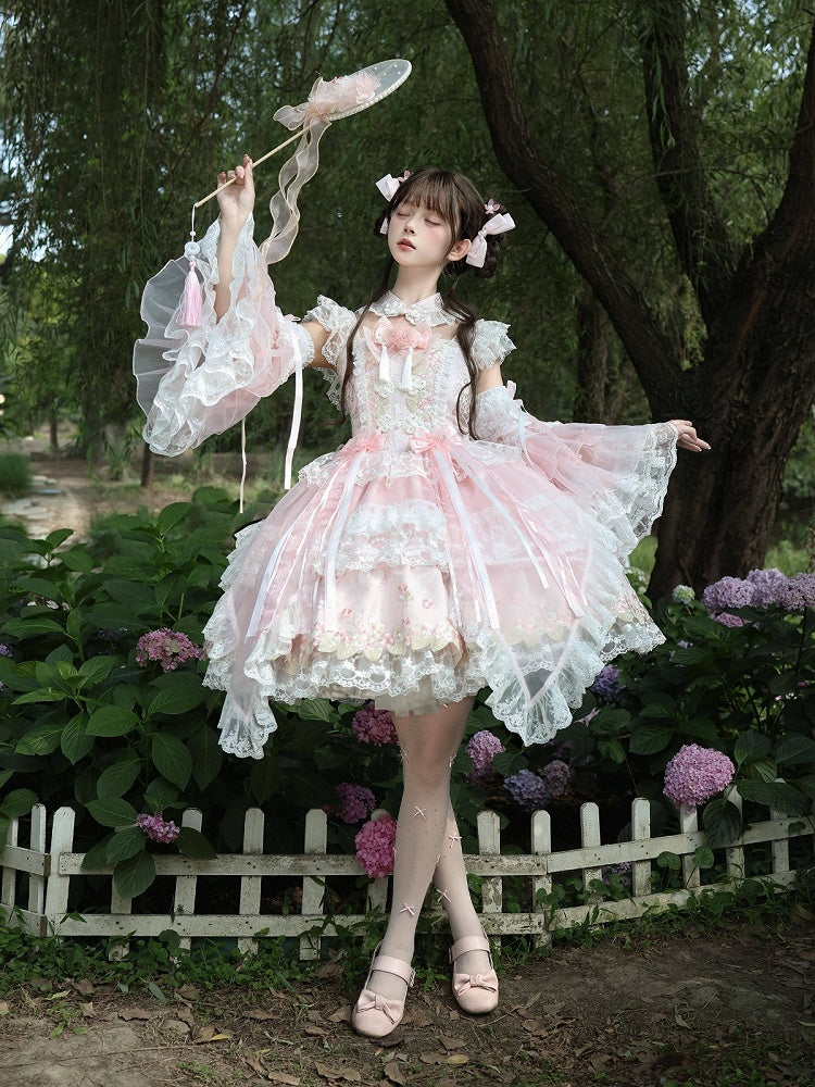 Chinoiserie Pink Lolita JSK with Lace, Choker & Full Set - White Sugar Girl