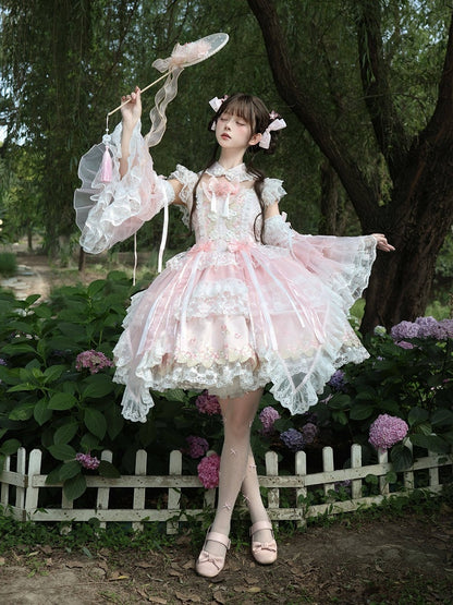 Chinoiserie Pink Lolita JSK with Lace, Choker & Full Set - White Sugar Girl