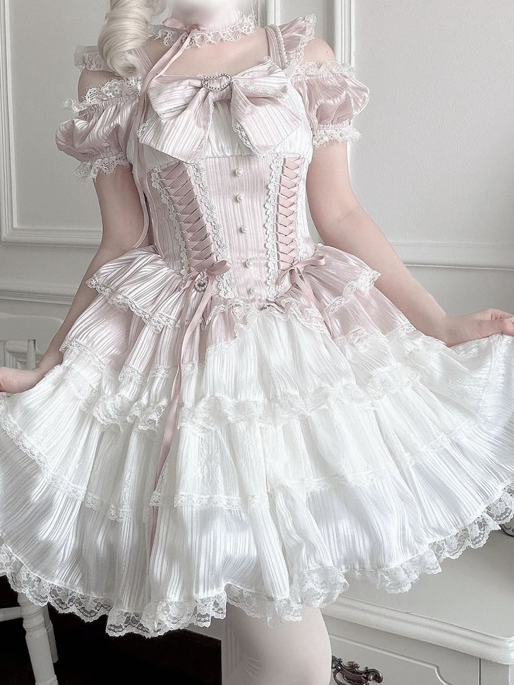 Pink Off-Shoulder Lace Dress with Choker - Virtual Paradise
