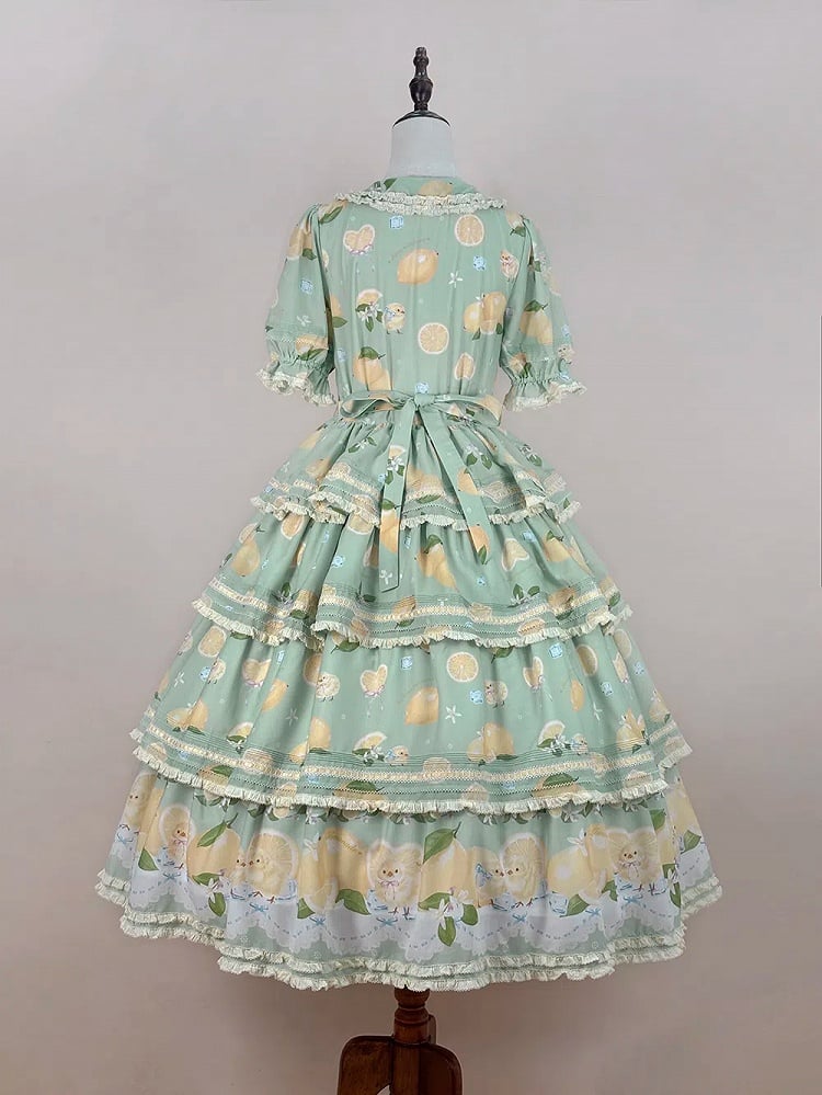 Button Lemon Print Short Skirt Placket Lolita Sleeves Tiered and Front Dress Green Chick