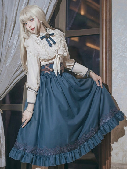 Preppy Beige & Blue Bow Lolita Blouse + High-Waist Skirt + Cape Ensemble - Xiong Dou Jiang