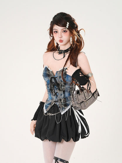 Leopard and Strapless Top Pattern Plaid Brown/Blue Lace-up Front Lace Trim